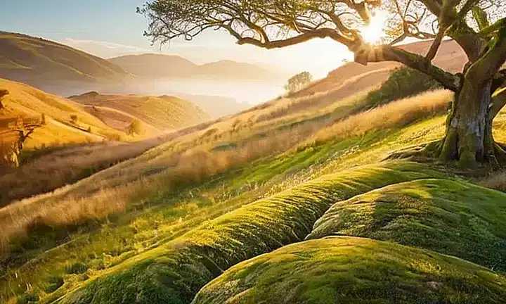 Una pintura suave de un paisaje sereno con collinas y árboles rodeado de matices de azul, oro y verde