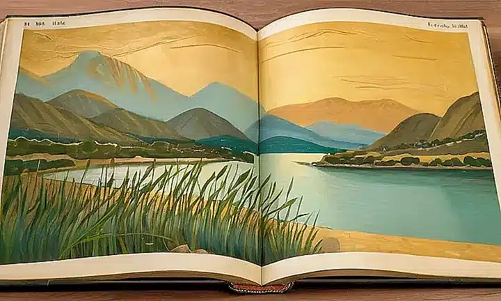 Una página ilustrada de una biblia antigua muestra una escena tranquila del Jehová en una playa junto a un lago con juncos y flores acuáticas, bañado por la luz suave que entra por la ventana