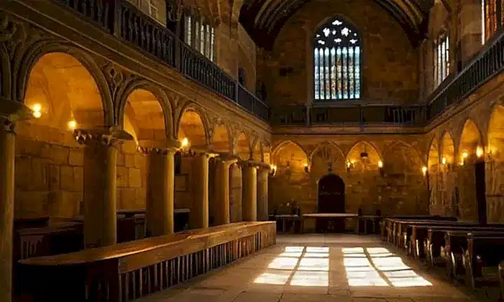 Un espacio sagrado iluminado débilmente por la luz que entra a través de las ventanas de vidrieras dañadas