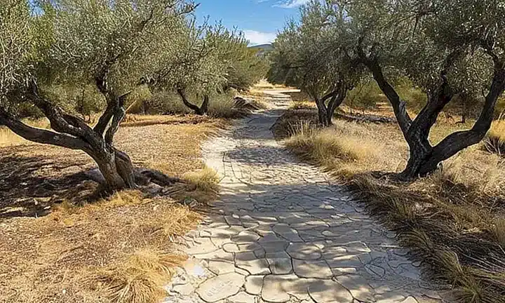 Un paisaje verde con árboles de olivo y un monumento hebreo junto a un camino, bajo una luz cegadora del sol