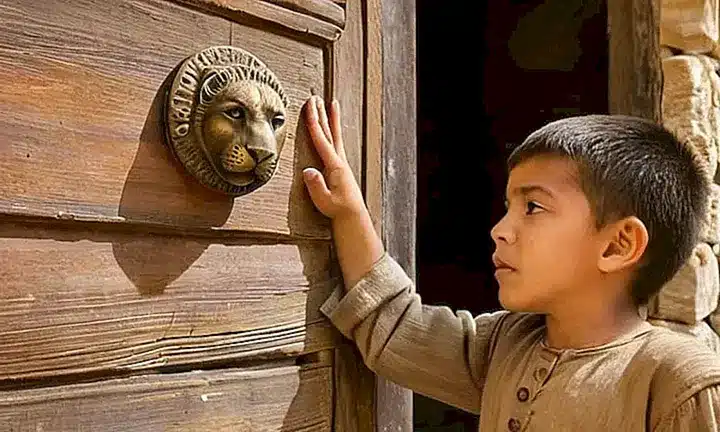 Un joven con la piel ajada se para frente a la entrada de un antiguo monasterio cubierta por polvo y sombreada