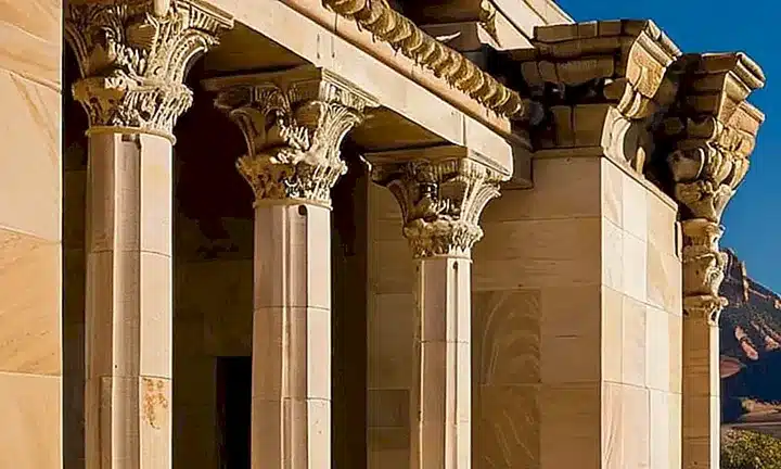 La fachada del templo presentaba un contraste hermoso entre las columnas lisas y las delicadas caras de hojas y flores