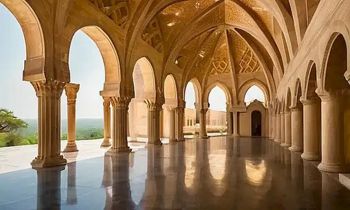 Un templo majestuoso alberga una serena belleza interior y exterior, con detalles arquitectónicos intrincados que reflejan la perfección y el equilibrio