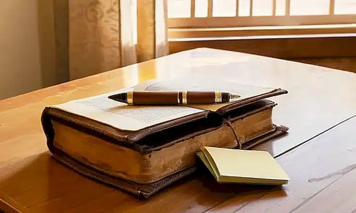 Una Biblia desgastada y una hoja de papel blancas reposan en un mesón viejo rodeados del suave resplandor matutino