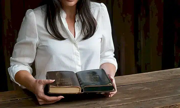 Una mujer de cabello oscuro y rasgos suaves sostiene una Biblia antigua en una mano y la mesa desgastada con la otra, iluminados por la luz cálida de una ventana