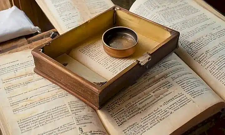 Una antigua Biblia desgastada yace abierta en un escritorio de madera desteñida con una foto familiar detrás