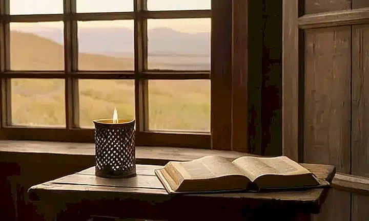 Una Biblia amarillenta y desgastada descansa sobre una mesa de madera con el sol iluminando su decoración