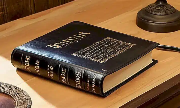 Una Biblia desgastada con iluminación suave destaca un pasaje en una mesa de madera