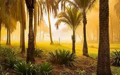 Un sol amarillento ilumina un paisaje matutino sereno