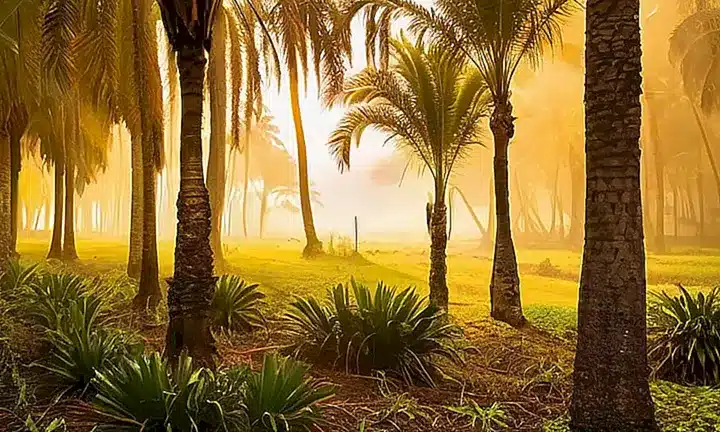 Un sol amarillento ilumina un paisaje matutino sereno