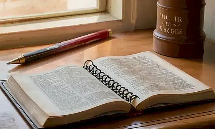 Una habitación tranquila con un escritorio de madera iluminado por la luz matutina y adornado con libros, herramientas y notas personales