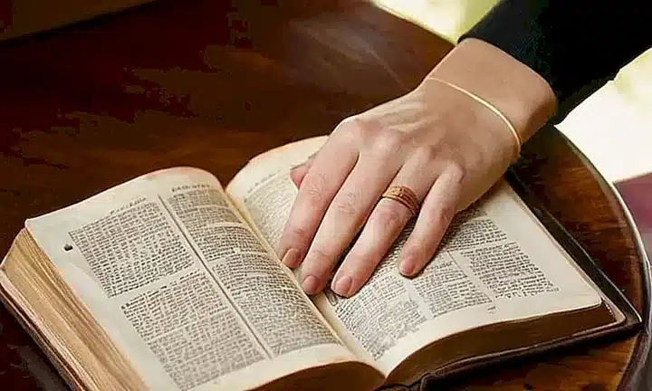 Una mujer pacífica sentada en una habitación soleada, con una Biblia antigua entre sus manos y la frente descansando sobre su libro