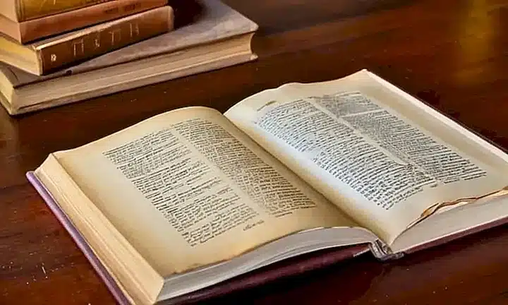 Una antigua libreta de madera tiene su apertura sobre un escritorio desordenado, iluminada por el sol matutino