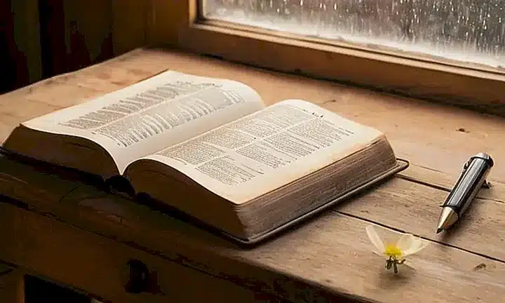 Una imagen serena de una página bíblica antigua se posa sobre un escritorio con detalles naturales y rústicos
