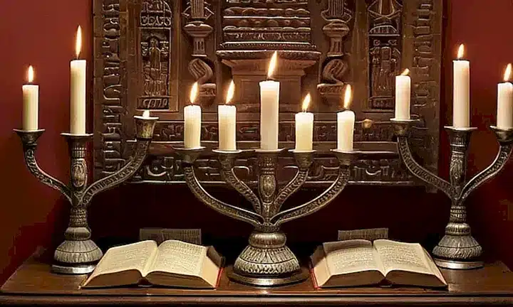 Un altar con un menorá en una base de madera oscura tiene al lado libros de oraciones y sobre éste candelabros centelleantes