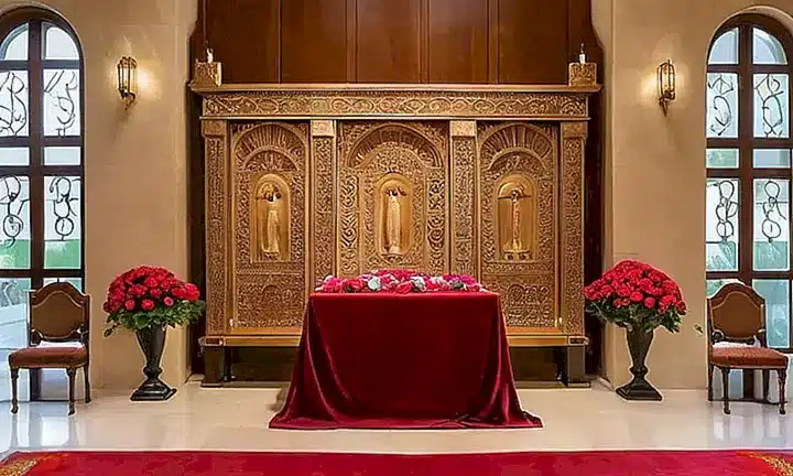 La sala tiene paredes de color beige, un altar de madera tallado con letras hebreas y detalles dorados