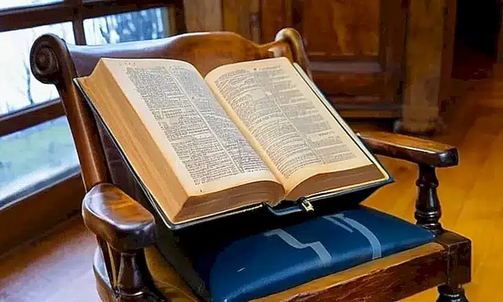 Una Biblia antigua yucleada está abierta en un viejo sillón, iluminada por el sol que entra a través de las ventanas estropeadas