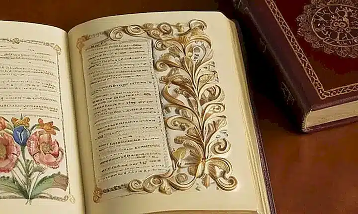 Una Biblia antigua con ilustraciones y ornamentos está abierta en un salón acogedor con decoración elaborada