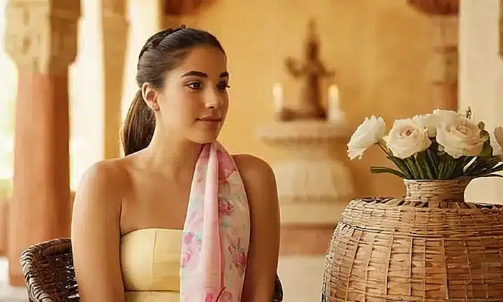 Una joven hispana sentada frente a un altar colorido, con un vestido amarillo y manteleta rosa