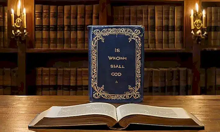 Una antigua biblia con páginas desgastadas está abierta sobre un escritorio de madera, iluminada por la suave luz de una vela blanca