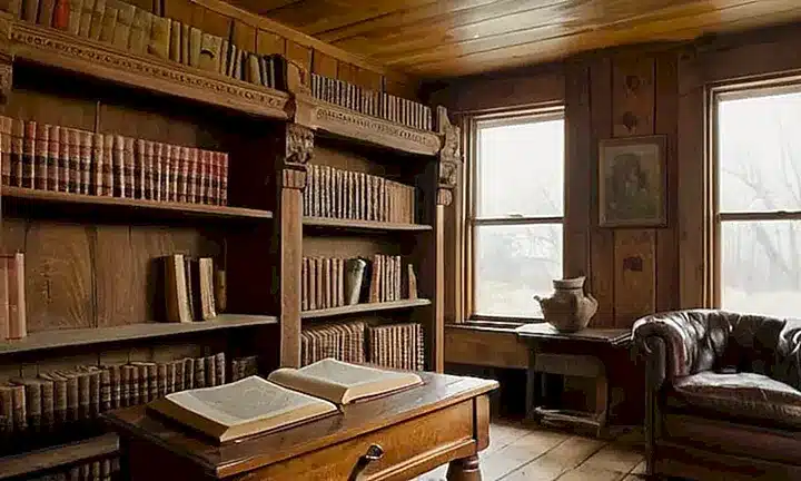 La imagen muestra un estudio silencioso y acogedor con muebles de madera antigua y estanterías repletas de libros antiguos