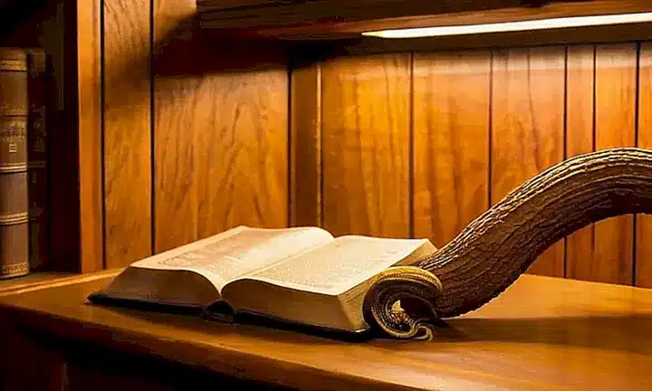 En una biblioteca iluminada suavemente, la luz se refleja en el relieve de un árbol grabado en cubierta de una biblia