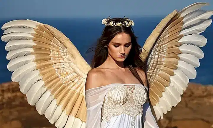 Una figura angélica majestuosa con alas delicadas y un halo dorado enfrenta a una bestia demoníaca oscura y malévola
