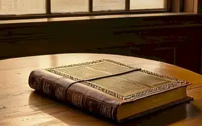 Una Biblia desgastada está abierta sobre una mesa antigua