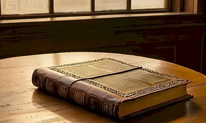 Una Biblia desgastada está abierta sobre una mesa antigua