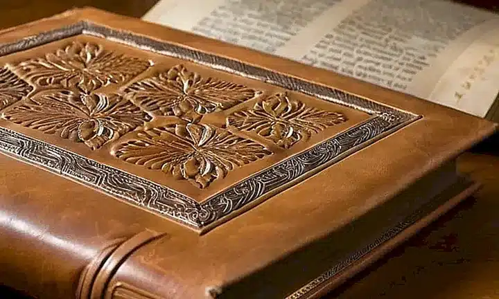 Un libro de cuero dorado descansa sobre una mesa de madera simple bajo un suave resplandor natural