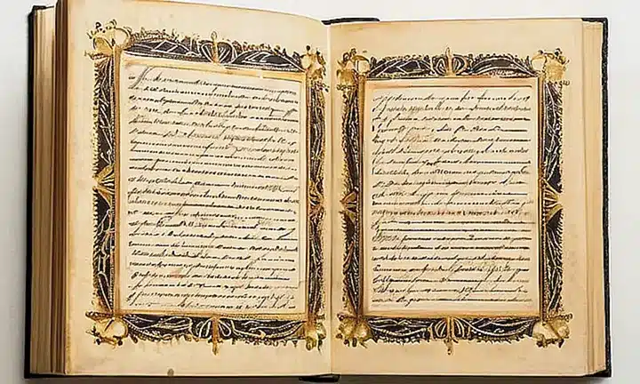 El libro viejo está cubierto de cuero marrón con adornos plateados y páginas amarillentas y desgastadas