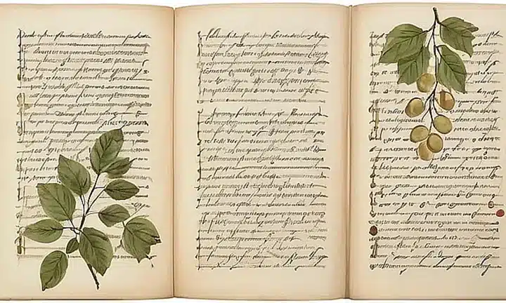 El texto está escrito con un script de mano en negro brillante en viejas pergaminas de color beis, adornado por delicados dibujos y una suave iluminación