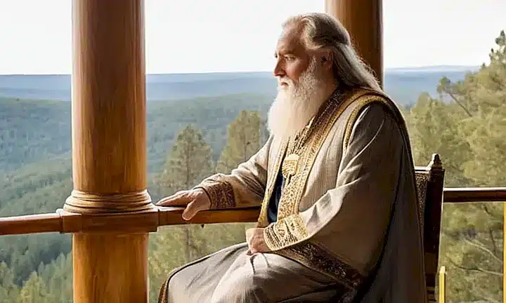 King Solomon se sienta en su trono en un balcón con vistas de un paisaje tranquilizante, claramente perdido en sus pensamientos mientras ora