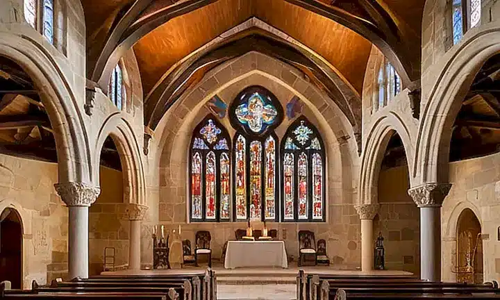 El interior de la iglesia es un espacio sagrado repleto de detalles ornamentales y colores vibrantes que crean una atmósfera solemne