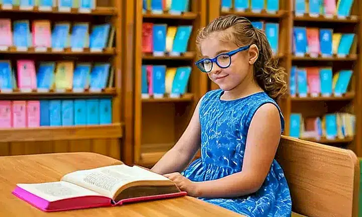 Una niña con un vestido azul y pelirroja se sienta en una banca de madera en una biblioteca, rodeada de luces suaves y dispositivos para leer
