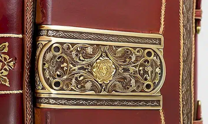 Una Biblia antigua muestra sus cubiertas de cuero desgastadas con detalles de oro que se descascaban