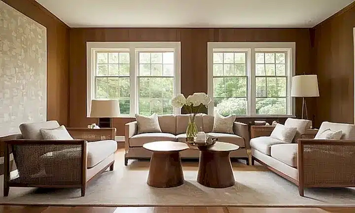 Una habitación acogedora con muebles de madera y alfombras sutiles, bañada por la luz natural que entra a través de las ventanas