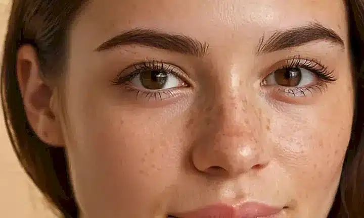 Una joven mira directamente en cámara con una sonrisa leve y pensativa, rodeada de detalles suaves y sutiles en su ropa y expresión facial