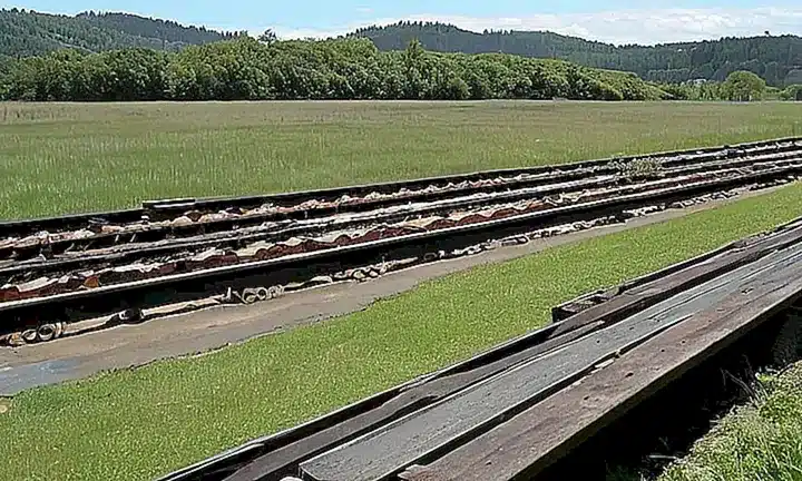 Una antigua plataforma de madera con un lago cercano y una montaña al fondo