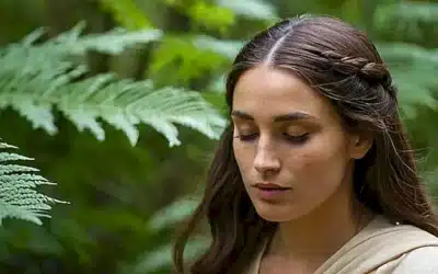 Una mujer con cara ovalada contempla silenciosamente un camino rodeado de vegetación exuberante mientras se ubica detrás de una figura serena de Jesucristo
