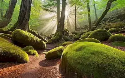 Una próspera mañana en la naturaleza muestra un paisaje de luces y sombras en medio del bosque con una caída tranquila desde las colinas