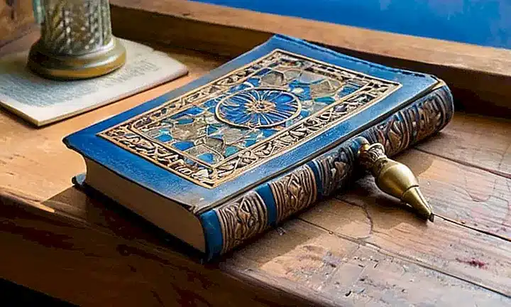 Un libro antiguo descansa precariamente sobre un escritorio de madera con una vista soñadora a través de la ventana