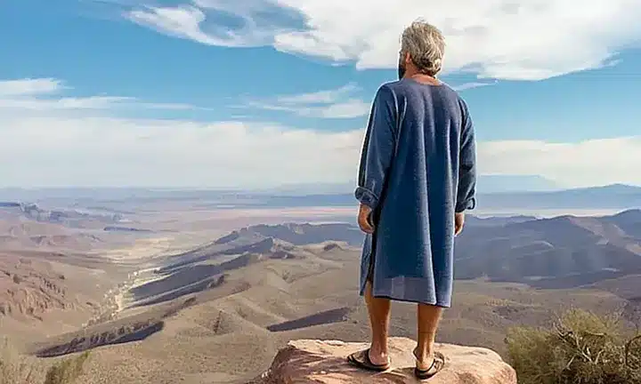Un hombre se encuentra en una colina arenosa, mirando hacia el horizonte del desierto con expresión de preocupación