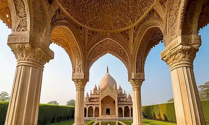 El templo majestuoso se alza sobre la vegetación lujuriente, rodeado de una atmósfera serena y armoniosa entre naturaleza y arquitectura