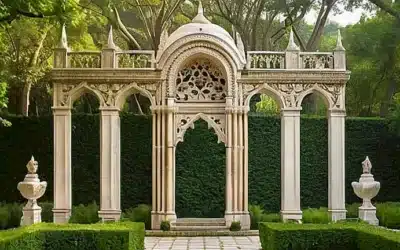 Un hermoso templo de piedra se eleva en un jardín sereno alrededor del cual refulgen detalles y patrones intricados