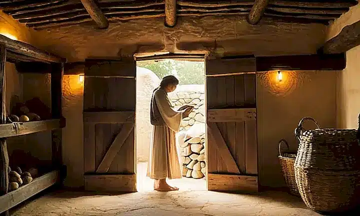 Una estable simple pero ennoblecida por una escena tranquila de adoración, iluminada suavemente por velas y destellos divinos