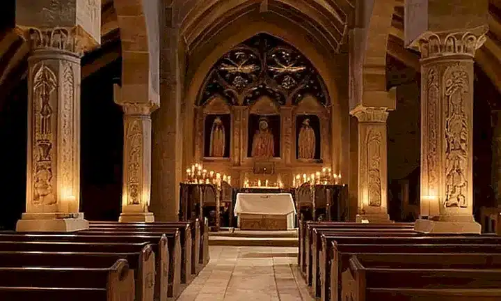 El interior de la iglesia está iluminado por velas con luz suave y cálida que enfoca su atención en las imágenes reverentes de María y José