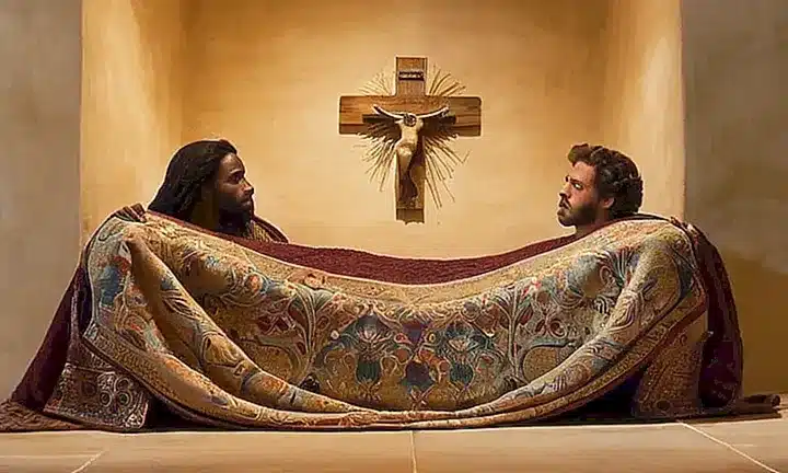 Un ángel de piel morena con un diseño detallado está sentado a lado del manger junto al Jesús recién nacido