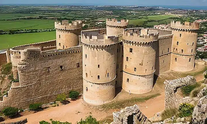 Un antiguo fuerte sembrado en una paisaje árido tiene imponentes muros de hormigón hecho con piedras labradas