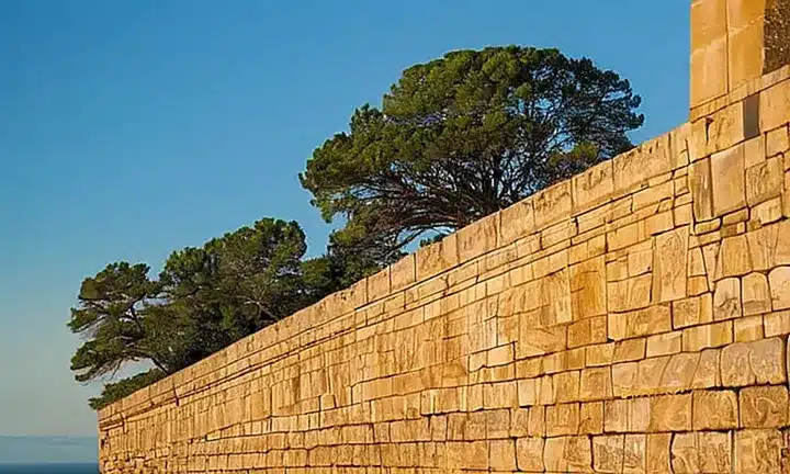 Una pared antigua y erosionada de piedra se eleva del suelo, rodeada por un horizonte sereno con árboles majestuosos